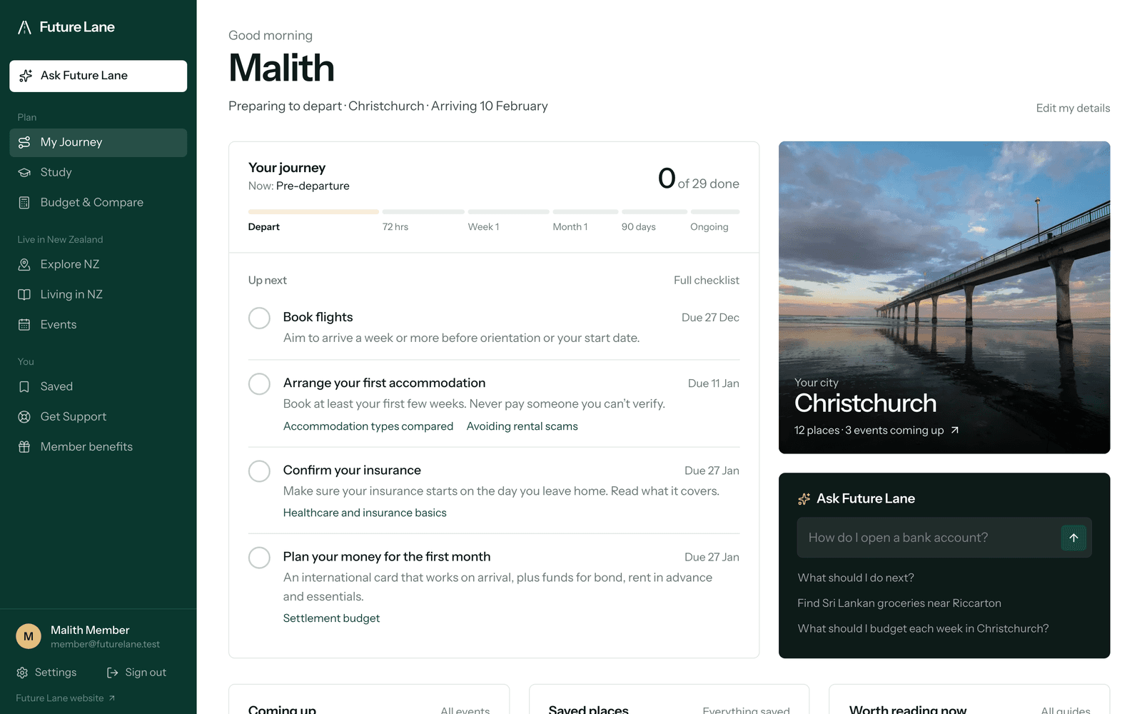 The Future Lane portal dashboard, showing a member’s next steps, progress and upcoming events